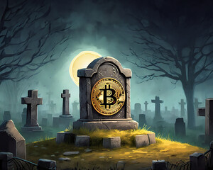 Bitcoin grave with a tombstone in a digital currency memorial, a cartoon-like image representing the concept of the end of Bitcoin.