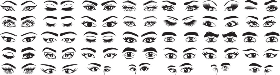 Set of different human eyes silhouette. Eye shapes with eyelash. Hand drawn Eyebrow  vector illustration  - obrazy, fototapety, plakaty