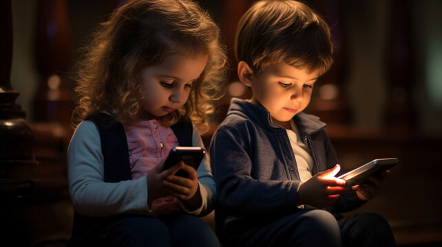 Small children engrossed in the world of technology as they use a mobile phone and tablet.