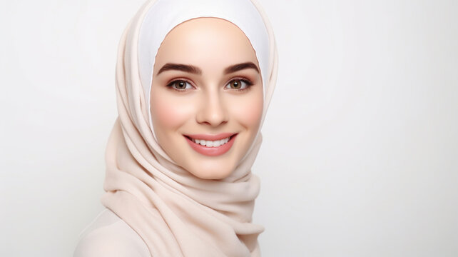Portrait of young happy muslim woman looks in camera. Skin care beauty, skincare cosmetics, dental concept isolated over white background.