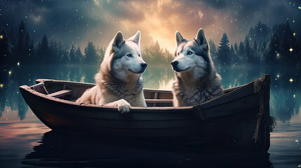 Huskies on a serene journey, their reflections creating an ethereal, alternate world Ai Generative