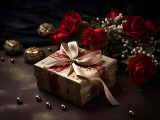 christmas gift box with golden ribbon and flowers