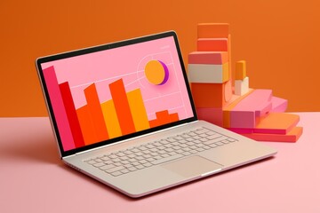 Dynamic Charts and Graphs on Laptop Screen. 3D Pop Art Minimalism for Shaped Canvas.