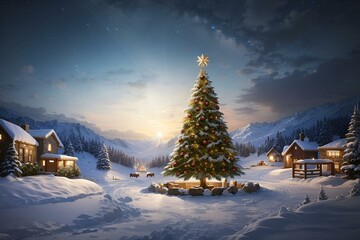 A cozy cabin in the snow with a beautifully decorated Christmas tree magischer Winterwald christmas tree in the snow


