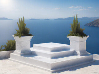 Fototapeta premium mediterranean white marble podium scenery with an ocean background