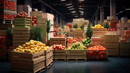 Ripe juicy fruits in a container. Production facilities of large warehouse - grading, packing and storage of crops. - obrazy, fototapety, plakaty