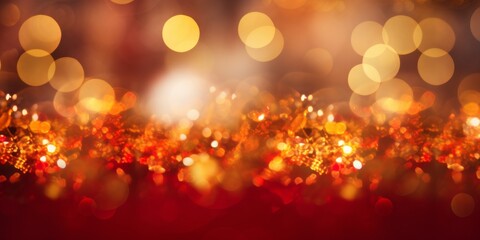 Golden red Christmas background. Red glitter bokeh vintage lights background. defocused. Happy New Year banner mockup