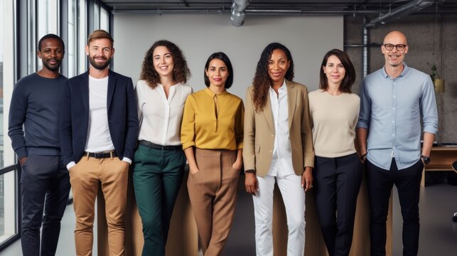 Diverse Creative Team Looking Happy. Diverse Working Culture Group Of Persons Is In Their Startup Office Wearing Informal Clothes People Are Smiling Most Persons Are Standing.