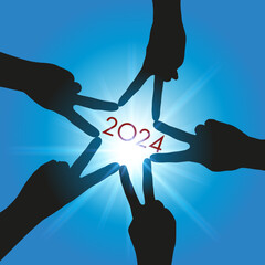 Carte de vœux 2024, avec cinq mains qui forment une étoile, symbole de l’union et du partenariat, pour réussir à atteindre les objectifs fixés de la nouvelle année.
