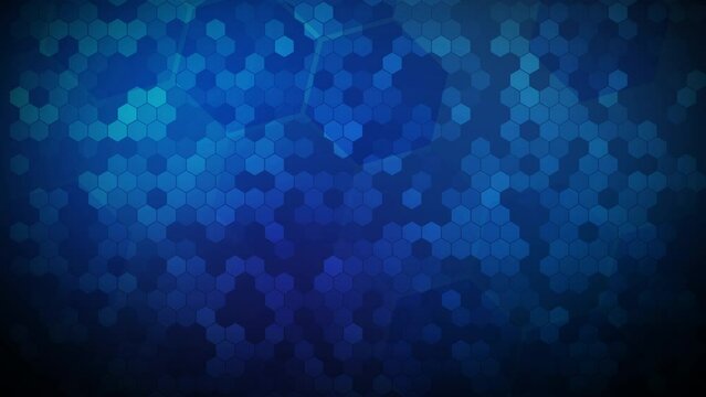 Abstract blue background pattern with a grid of hexagons. Blinking color animation of cells. Looped motion graphics.