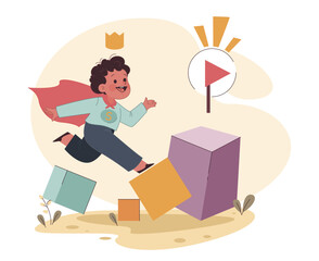 Little self-confident preschool boy. Positive parenting impact on child' emotional development. Childhood with father' involvement. Flat vector illustration