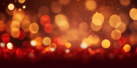 Golden red Christmas background. Red glitter bokeh vintage lights background. defocused. Happy New Year banner mockup