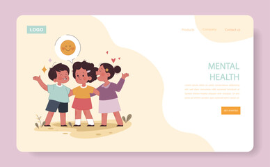 Little preschool children friendship web banner or landing page. Positive impact of father' involvement on child' mental health. Engaged or committed fatherhood. Flat vector illustration.