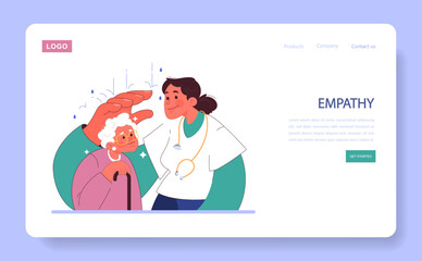 Humanizing healthcare web banner or landing page. Modern physician approach on medical treatment and patient assistance. Doctor' empathy, ethical commitment and alliance. Flat vector illustration