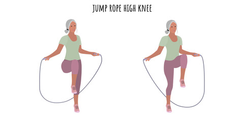 Senior woman doing jump rope high knee exercise
