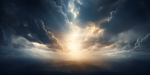 Glowing cross on beautiful sky mystical light beams piercing through dense clouds background