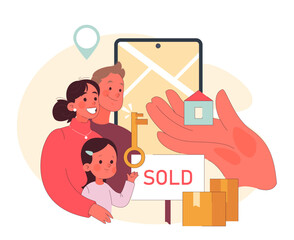 Homeownership concept. Joyful family celebrates their new house purchase, symbolizing the fulfillment and security of owning a home, with a digital map pinpointing their location. Flat vector.