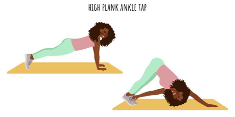 Young woman doing high plank ankle tap exercise