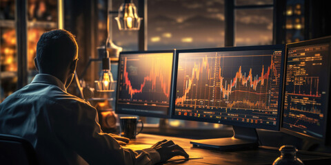 Finance trade manager analyzing stock market indicators for best investment strategy, financial data and charts