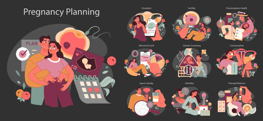 Vector illustration highlighting pregnancy planning. Displays stages like ovulation, fertility, and tools like contraception, genetic screening. A vivid glimpse into the parenthood journey. - obrazy, fototapety, plakaty