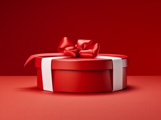 Red Ribbon Gift Box on Crimson Background. Realistic Rendering.