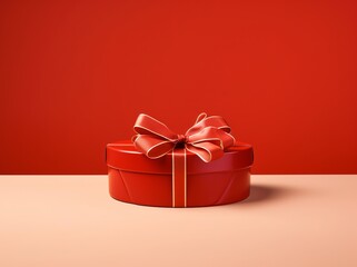Red Ribbon Gift Box on Crimson Background. Realistic Rendering.