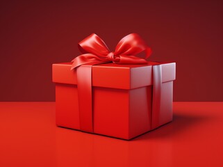 Realistic Gift Box with Red Ribbon on Deep Red Backdrop.