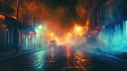  Empty dark city street with horror atmosphere. Night scene with fog without people, Wet asphalt, reflection of neon lights, a searchlight, Abstract light in a dark empty street with color smoke