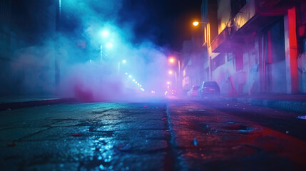  Empty dark city street with horror atmosphere. Night scene with fog without people, Wet asphalt, reflection of neon lights, a searchlight, Abstract light in a dark empty street with color smoke