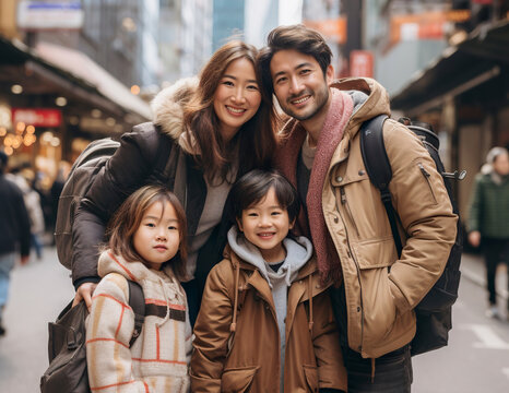 Positive smiling asian family taking photo portrait together. Parents with children enjoy travel in European city