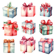 Set of watercolor Christmas gift box illustrations Clip Art isolated on transparent and white background