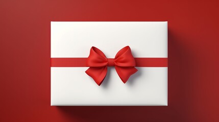 White Gift Box with Red Ribbon Bow on Dark Red Background