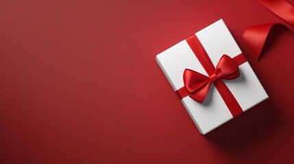 White Gift Box with Red Ribbon Bow on Dark Red Background