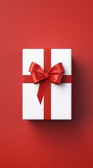 White Gift Box with Red Ribbon Bow on Dark Red Background