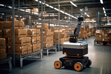 Futuristic Robot Stacks Pallets And Cartons In Warehouse