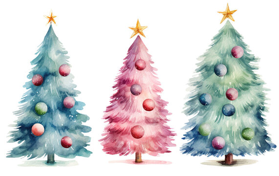 Watercolor Christmas Trees. Green, Blue, and Pink Christmas pine tree Decorations with Christmas elements illustration isolated on transparent and white background