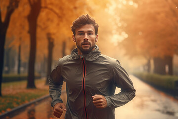 Man running outdoor during workout on autumn day. Man jogging in park. Active man. Cardio training. Physical fitness. Cardio workout. Healthy lifestyle. Daily routine - obrazy, fototapety, plakaty