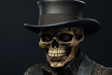 3D illustration of skeleton skull with hat and fashionable