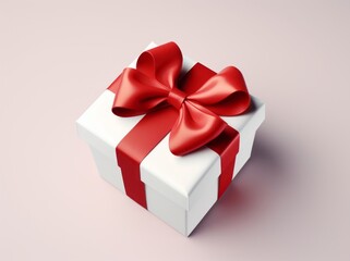 Festive Christmas Gift Box with Bow. Aerial View in White and Crimson. Large Canvas Format.