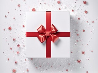 Festive Christmas Gift Box with Bow. Aerial View in White and Crimson. Large Canvas Format.