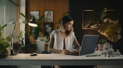 young tattoo woman working on laptop