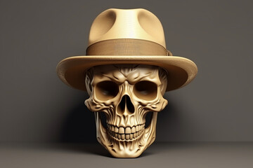 3D illustration of skeleton skull with hat and fashionable