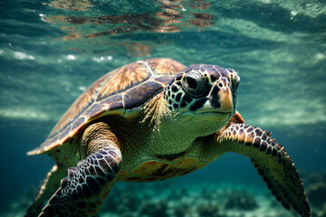 A Sea Turtle Underwater Swim Slow. Generative AI.