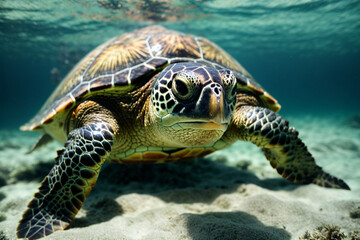 Fototapeta premium Sea Turtle Underwater Swim Slow. Generative AI.