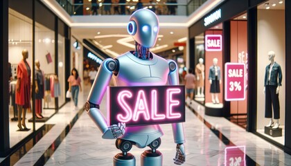 Amidst the bustling mall, a futuristic robot stands tall, holding a sale sign in its metallic hand...