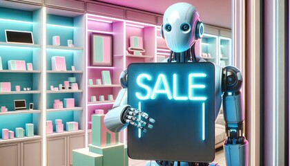 In a futuristic shop, a cartoon robot stands proudly holding a sale sign amidst shelves of enticing...