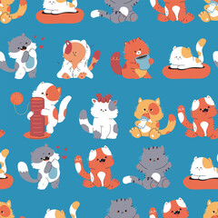Funny cats vector vector cartoon seamless pattern background for wallpaper, wrapping, packing, and backdrop.
