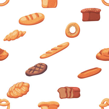 Bread and bakery vector cartoon seamless pattern background for wallpaper, wrapping, packing, and backdrop.