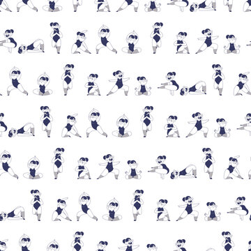 Girls in yoga poses vector cartoon seamless pattern background for wallpaper, wrapping, packing, and backdrop.