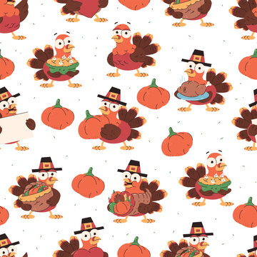 Thanksgiving turkey vector cartoon seamless pattern background for wallpaper, wrapping, packing, and backdrop.
